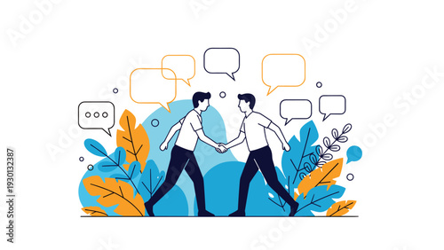Two professional men shaking hands to seal a business deal or partnership amidst abstract leaves and speech bubbles.