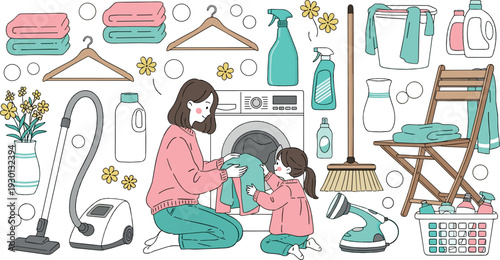 Mother and daughter doing laundry vector illustration set with washing machine, cleaning supplies and home chores