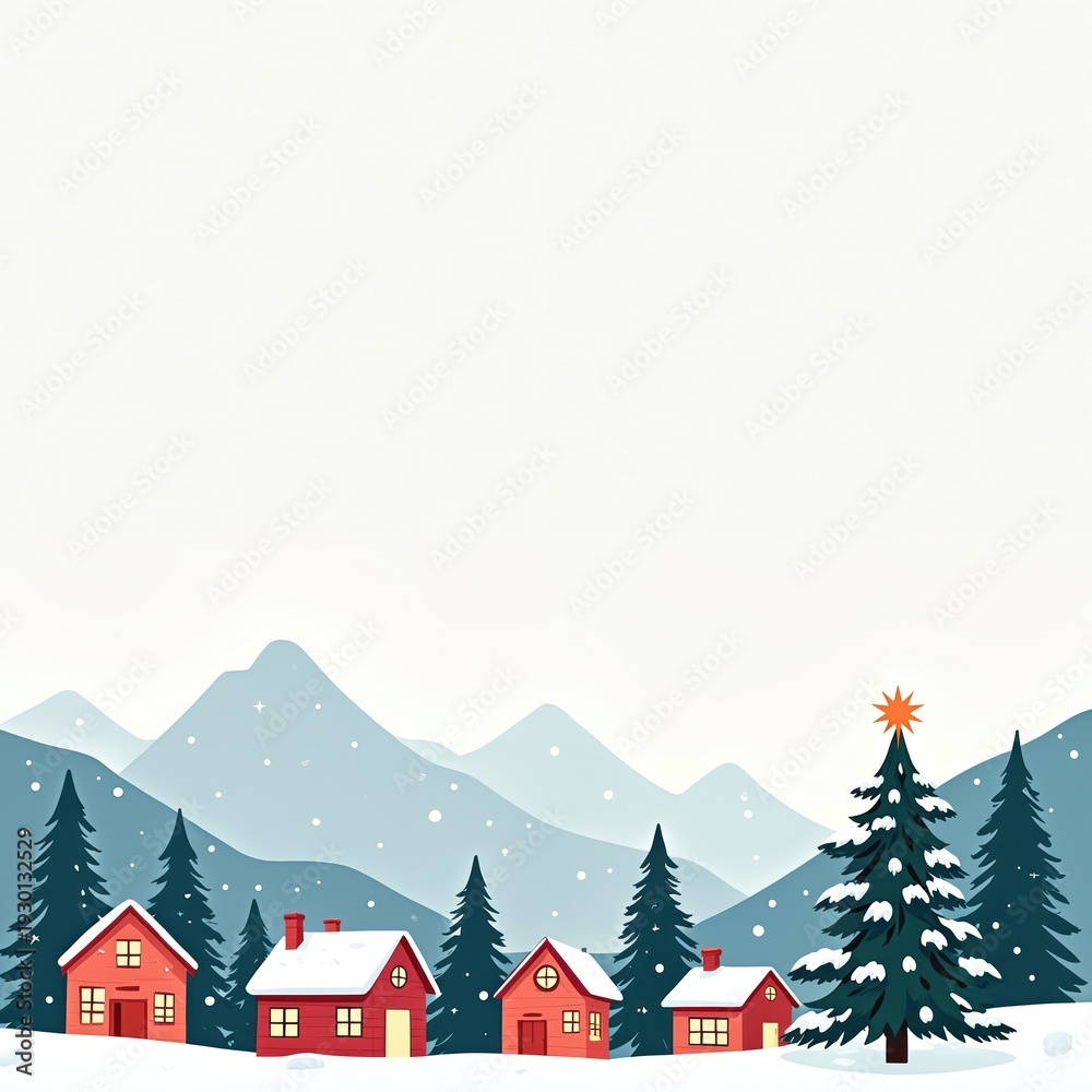 Fototapeta premium Winter village scene with red houses, snow-covered pine trees, and mountains. Gentle snowfall creates a peaceful atmosphere for holiday greetings or seasonal promotions.