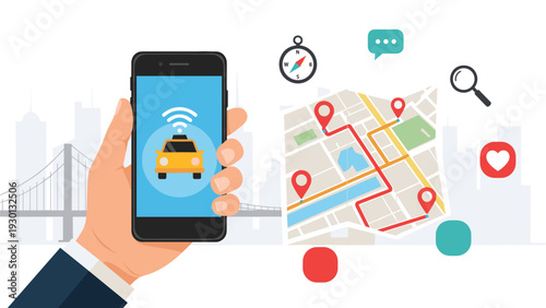 User hand holding a smartphone to book a taxi service using a mobile application with a city map and GPS tracking.