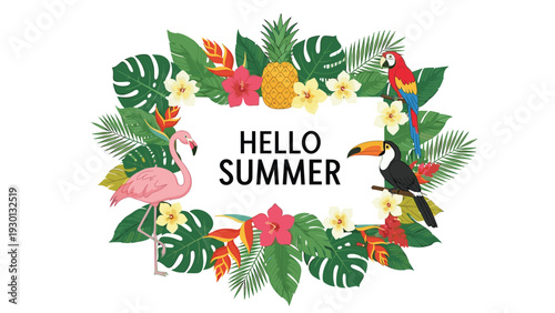 Tropical summer frame featuring a flamingo, parrot, toucan, pineapple, and exotic flowers with Hello Summer text.