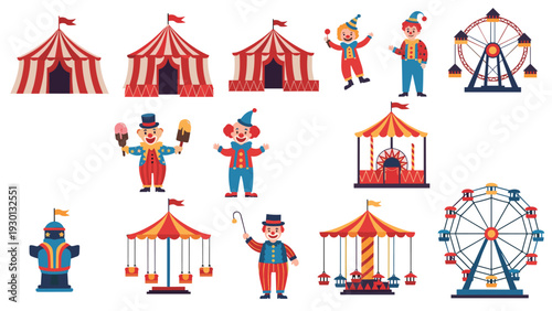 Extensive circus themed collection featuring striped tents, cheerful clowns, Ferris wheels, carousels, and carnival treats.