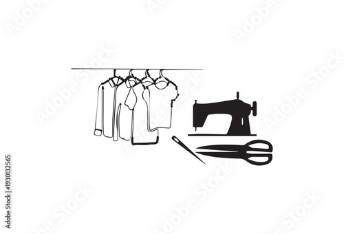 Tailoring Essentials: A graphic illustration showcasing a sewing machine, scissors, a needle, and garments hanging, all essential for tailoring and clothing design.