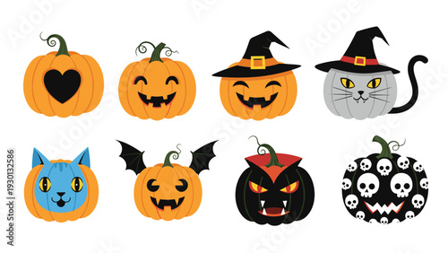 Collection of eight unique Halloween pumpkins featuring various spooky faces, witch hats, and character designs.