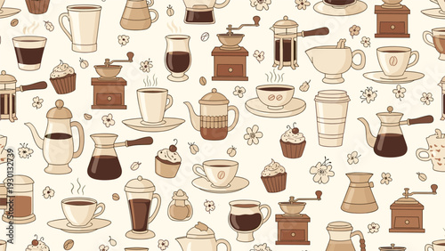 Intricate seamless pattern showcasing diverse coffee preparations, mugs, carafes, pastries, and floral accents.