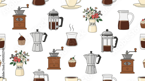 Seamless coffee culture pattern featuring various coffee makers, cups, grinders, flowers, and sweet cupcakes.