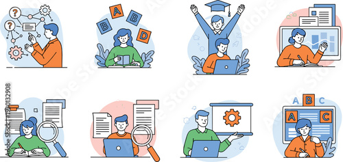 Online education and e learning vector illustration set with students, graduation, research and digital study concepts