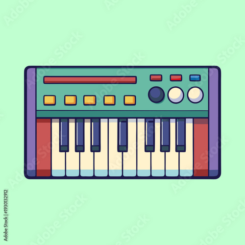 A cartoon keyboard with lots of different buttons on a green background