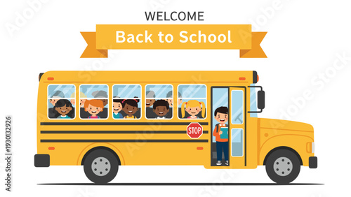 Iconic yellow school bus filled with diverse happy students and a driver heading back to school under a bright welcome banner.