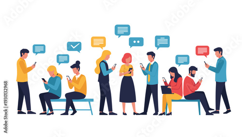 Group of diverse people standing and sitting while interacting with their smartphones and laptops with colorful speech bubbles and icons.