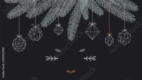 Elegant white hand-drawn christmas ornaments and geometric baubles hanging from pine branches on a sleek dark black background.
