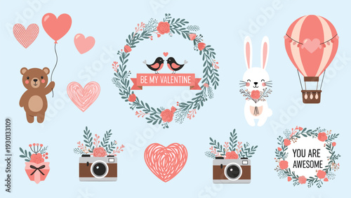 Charming valentine's day collection featuring a bear with balloons, floral wreaths, a bunny, and hearts for romantic greetings.
