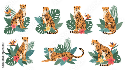 Collection of graceful cheetahs in various poses surrounded by lush tropical jungle leaves, monstera plants, and exotic flowers.