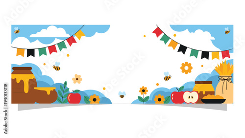 Festive autumn harvest banner featuring honey jars, fresh apples, flowers, and colorful bunting flags under a clear blue sky.
