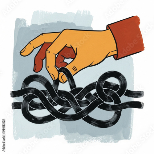 A human hand carefully untangling a complex, messy knot of black rope against a textured background.