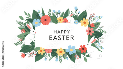 Festive happy easter message framed by lush green leaves, vibrant flowers, and three adorable white rabbits for holiday cheer.