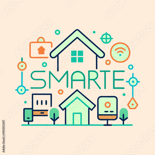 Colorful Graphic Illustrating Smart Technology within Houses and Connectivity Solutions