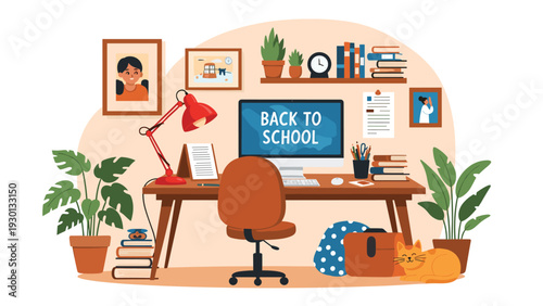 Organized home office setup with a computer showing back to school text, books, plants, and cozy decor for remote learning.