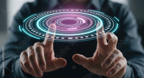 A businessman's hand presses a touchscreen button on a digital interface to control a professional DJ mixer and audio equipment for a high-tech music club event