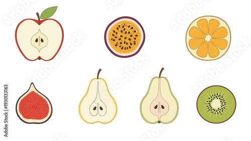 Assortment of fresh sliced fruits including apple, passion fruit, orange, fig, pears, and kiwi on a clean white background.
