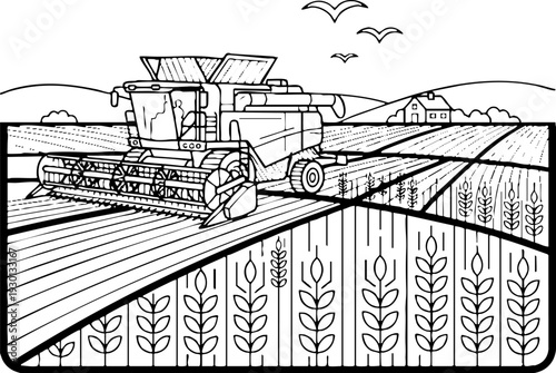 Agricultural Combine Harvester Harvesting Crop Field Illustration