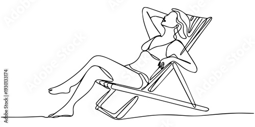 continuous one line drawing Vector illustration of woman relaxing on beach chair
