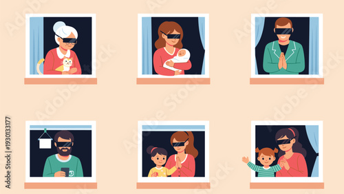 Conceptual illustration of diverse people staying at home and connecting through virtual reality headsets seen through windows.