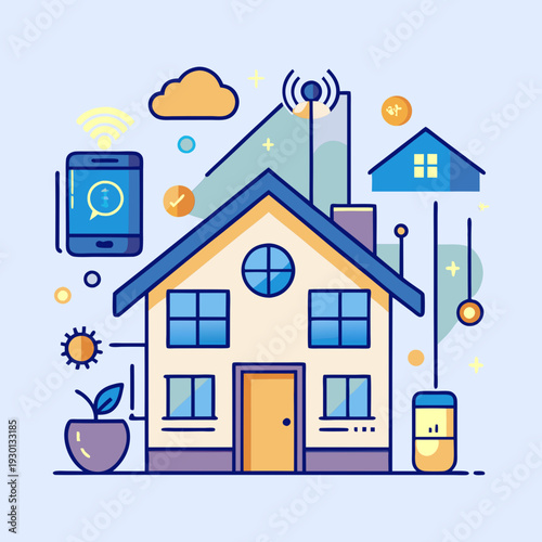 Cartoon illustration of a smart home concept with technology integration shown