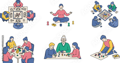 People playing board games vector illustration set with friends and family enjoying tabletop activities together
