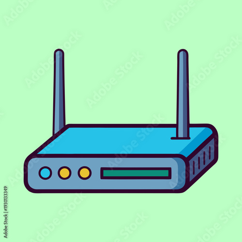 Stylized depiction of a blue wireless router with antennas on a light green background