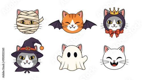 Collection of adorable cats dressed in halloween costumes including a mummy, bat, witch, and ghost for a playful festive theme.
