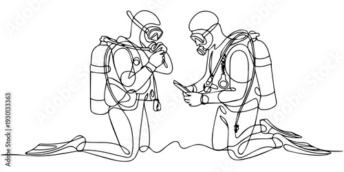 continuous one line drawing Vector illustration of two scuba divers preparing for dive