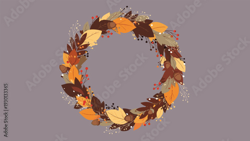 Beautiful circular wreath composed of various autumn leaves, acorns, and berries in rich fall colors against a muted grey background.