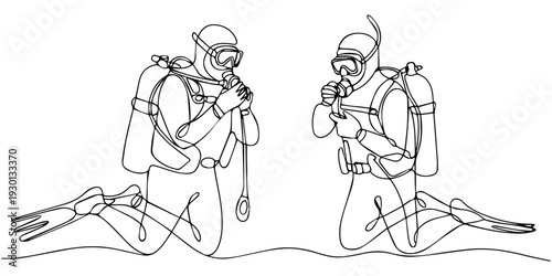 continuous one line drawing Set of 2 scuba divers line art vector