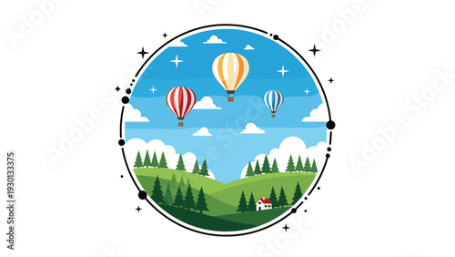 Picturesque circular landscape illustration featuring colorful hot air balloons floating over green hills and a pine forest.