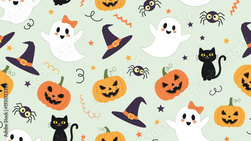 Playful seamless halloween pattern filled with cute ghosts, carved pumpkins, black cats, witch hats, and spiders on a green background.