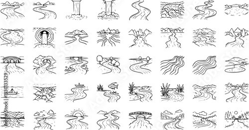 Billede på lærred River Doodles: Hand-Drawn Waterways, Streams, and Landscapes Vector Illustration