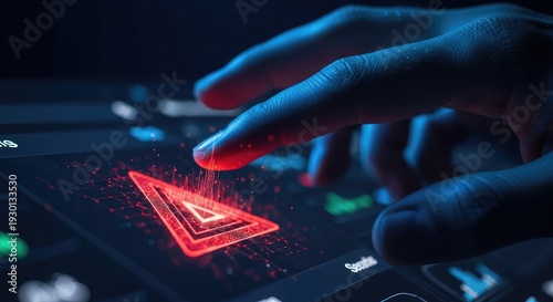 A close-up of a businessman's finger pressing a button on a laptop keyboard to access online data and business information in a modern office