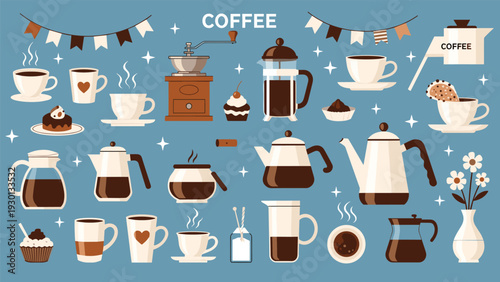 Comprehensive set of coffee-related illustrations including different brewing methods, mugs, beans, and sweet treats on a soothing blue background.