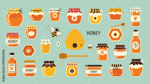 Delightful assortment of honey-themed icons featuring honey jars, a beehive, a busy bumblebee, and wooden dippers on a soft green background.