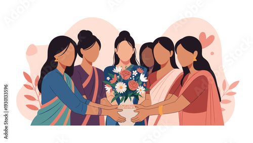 Diverse group of women in traditional South Asian sarees gathered together while holding a decorative vase filled with beautiful spring flowers.