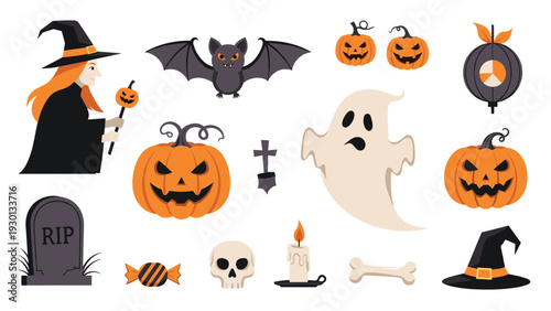 Spooky set of Halloween-themed flat icons featuring a witch, bats, a ghost, pumpkins, a tombstone, and other traditional spooky elements.
