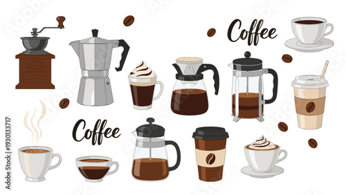 Collection of professional coffee brewing equipment including a French press, Moka pot, and various styles of cups and mugs with coffee beans.