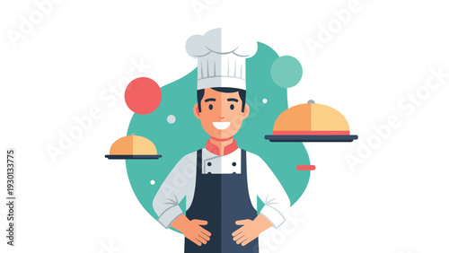 Friendly professional chef in a white uniform and toque standing confidently among floating serving trays against a clean graphic background.