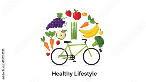 Healthy lifestyle concept illustration showing a green bicycle surrounded by a circle of various fresh fruits and vegetables on a white base.