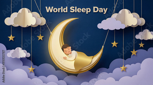 World Sleep Day Concept with a Serene Person Sleeping in a Glowing Crescent Moon Hammock Surrounded by Paper Cut Style Clouds and Golden Dreamy Stars
