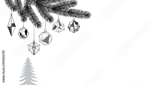 Artistic pine branch decorated with modern geometric Christmas ornaments and a subtle grey evergreen silhouette at the bottom of the frame.