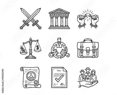Illustrative icons representing justice law freedom and legal professions high-quality professional detailed