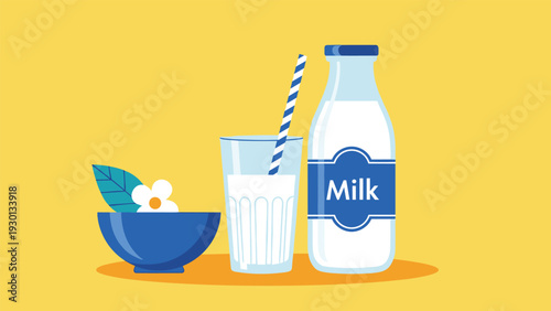 Simple and clean illustration of a fresh bottle of milk, a glass of milk with a striped straw, and a small blue bowl with a white flower.
