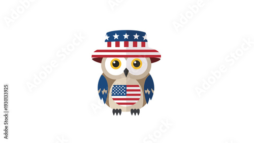 Patriotic owl character wearing a hat inspired by the United States flag and featuring an American flag emblem on its chest for holidays.